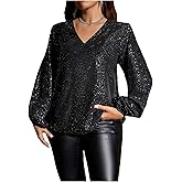 GORGLITTER Women's Plus Size Party Tops Sequin Bishop Long Sleeve V Neck Blouse Dressy Casual Loose Shirt