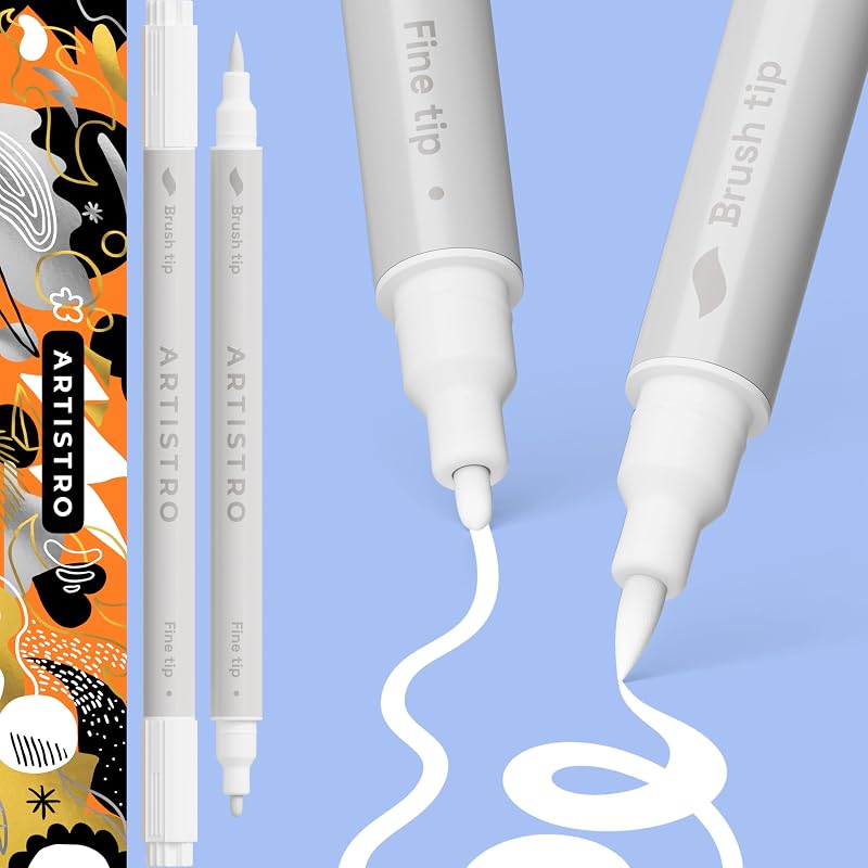 ARTISTRO 2 White Acrylic Paint Pens Dual Tip Brush Fine for Fabric Rock