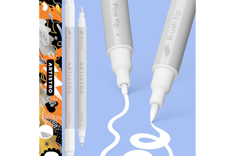 ARTISTRO 2 White Dual-Tip Acrylic Paint Pens - Multisurface Markers for Glass, Rock, Fabric, Wood, Plastic & More - 1 mm Fine & Brush Tips