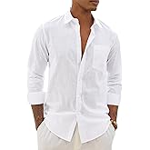 Alimens & Gentle Linen Shirts for Men Long Sleeve Casual Cotton Button Down Shirts Summer Beach Wedding Tops with Pocket