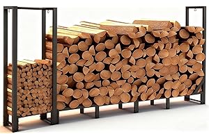 Shomextol 8ft Large Firewood Rack Outdoor, Heavy Duty Metal Wood Rack with Kindling Storage - For Indoor & Outdoor Fireplace, Wood Pile Organizer,Black