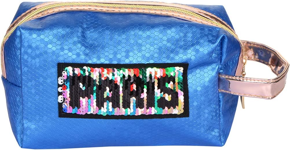 STRIPES® Essentials Portable Waterproof PU Blue Colour Toiletries Makeup Pouch Travel Kit Bag Stylish Pouch for Makeup Accessories Pouch for Women and Girls (with Colourful Sequins Paris Patch)