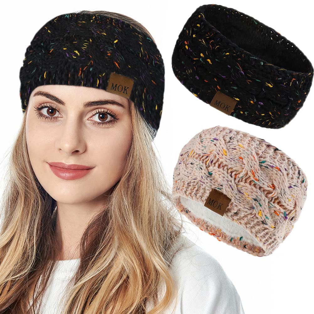 JFAN Headbands Women Winter Ear Warmer Soft Furry knitted Hair Band 2 Pieces Colored Blacak+Pink