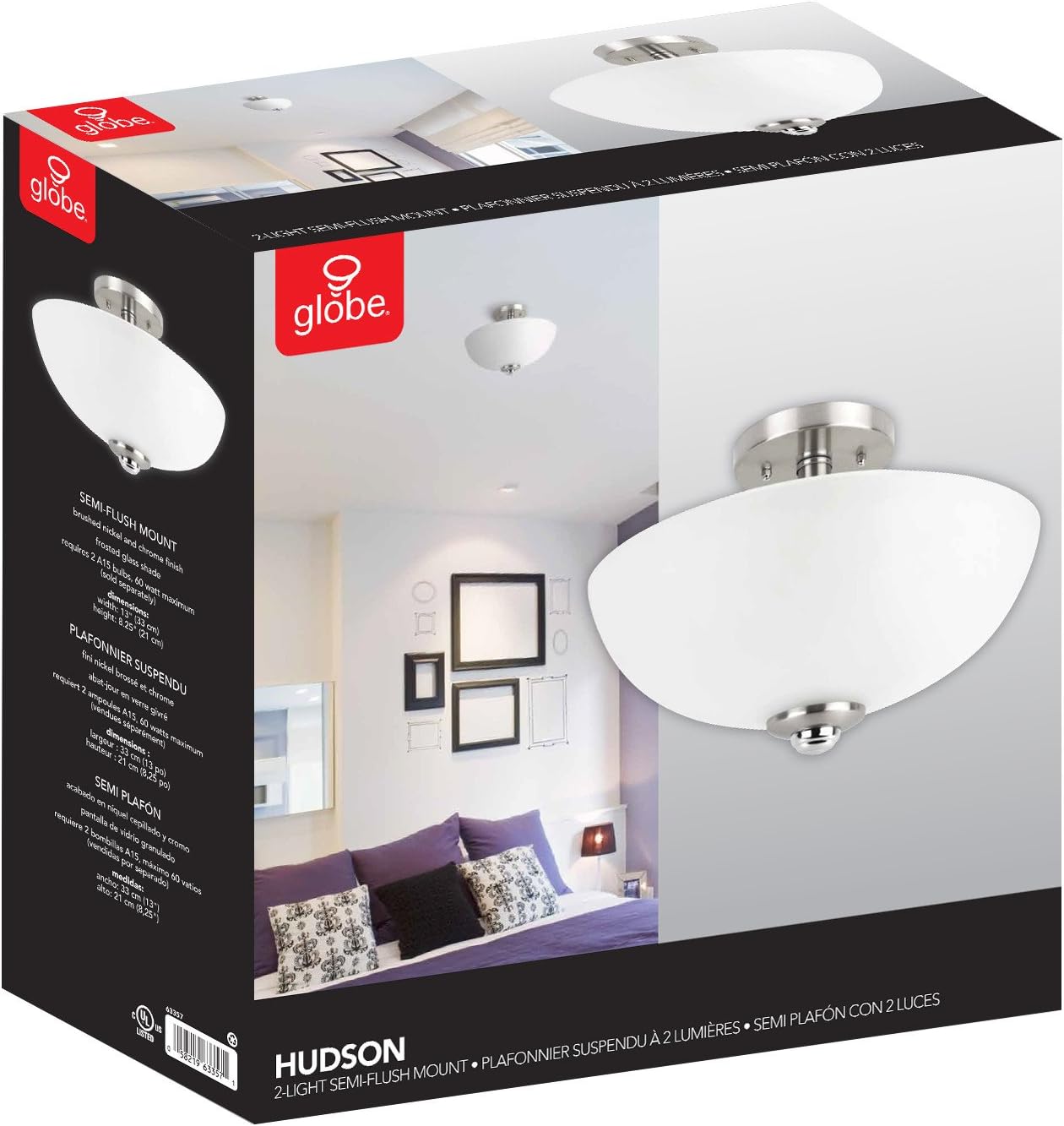 Hudson 2-Light Semi-Flush Mount Ceiling Light, Brushed Nickel, Chrome Accents, Frosted Glass Shade, 63357 - - 
