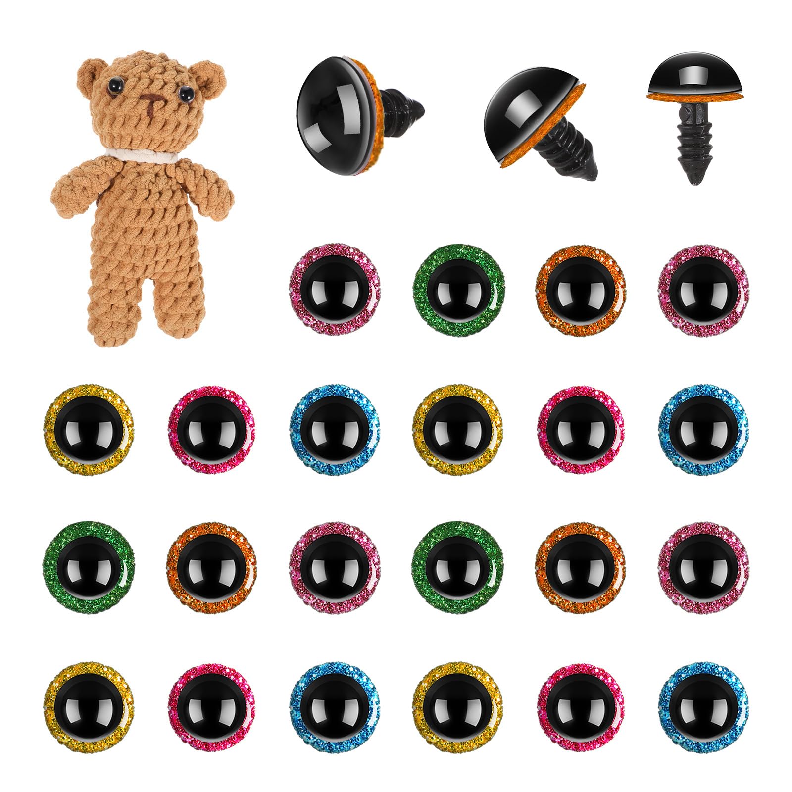 Photo 1 of 120 Pcs 3D Glitter Safety Eyes and Washers for Amigurumi, 12 mm Plastic Crochet Stuffed Animal Eyes for DIY Dolls Making Supplies, Puppets, Bear, Plush Toy Halloween Decorations Craft (6 Colors)