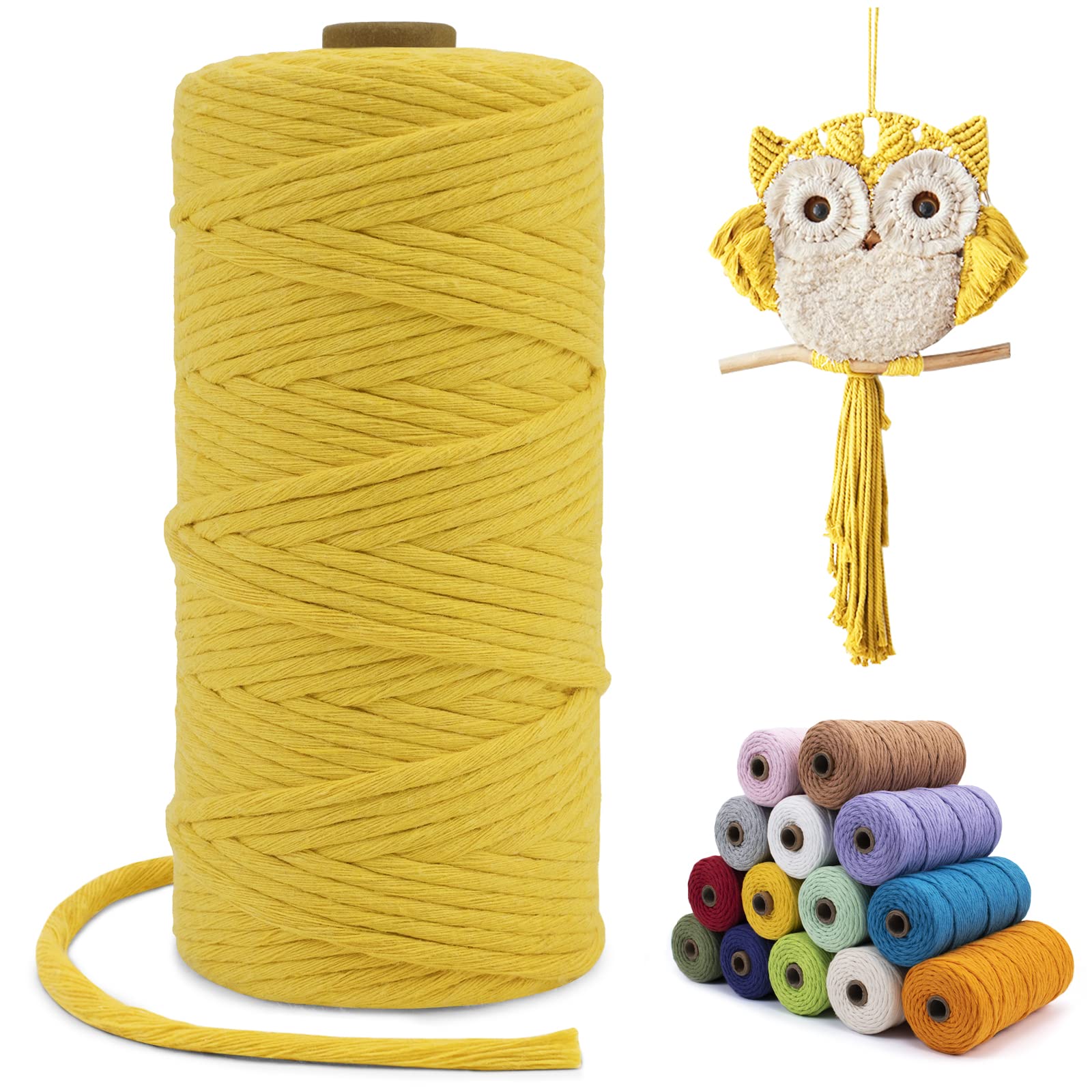 LEREATI Macrame Cord 3mm x 100m, Single Strand Thick Macrame Rope Yarn Natural Cotton Cord, Craft Macrame String for Plant Hanger, Wall Hanging, Knitting, DIY, Home Decorations (Lemon Yellow)