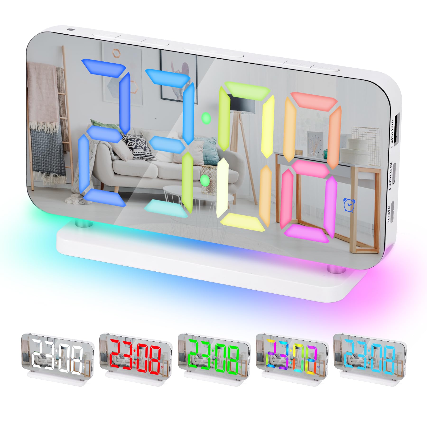 Sukeen 7.4" LED Digital Alarm Clock, Mirror Clock with 11 Colors Time Display, 10 Modes RGB Night Light, USB C Charger Port, Volume, Brightness, Alarm Clocks Bedside for Bedroom Home - White