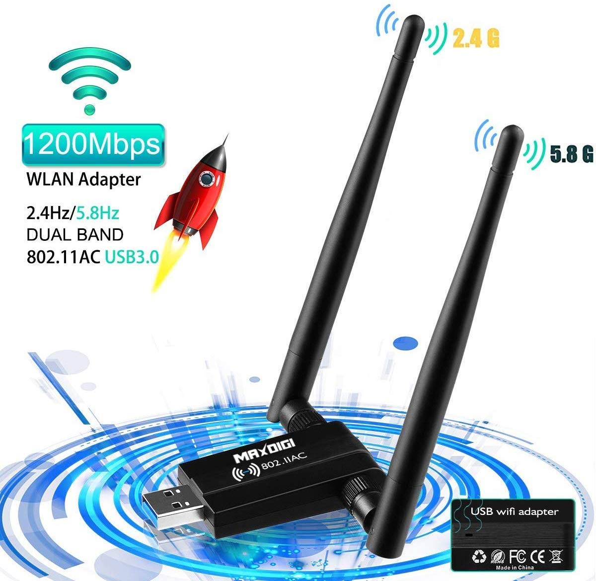Megavo Wifi Dongle USB WiFi Adapter 1200Mpbs Wireless Network with 5dBi Antenna for Dual Band 2.4GHz/300Mbps 5GHz/867Mbps for Windows XP/Vista/7/8/10.