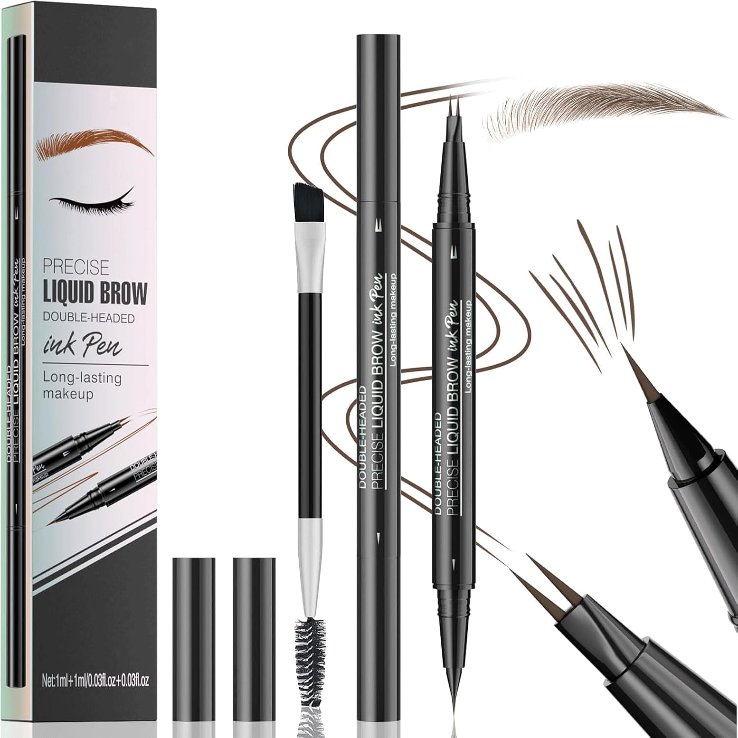 Microblading Eyebrow Pen, 2-in-1 Dual-Ended Eyebrow Pencil, Waterproof Eye Brow Pencils with 2 Micro-Fork-Tip & Precise Brush-Tip, Long-lasting Brow Pen for Natural Looking Brows Makeup (Brown)