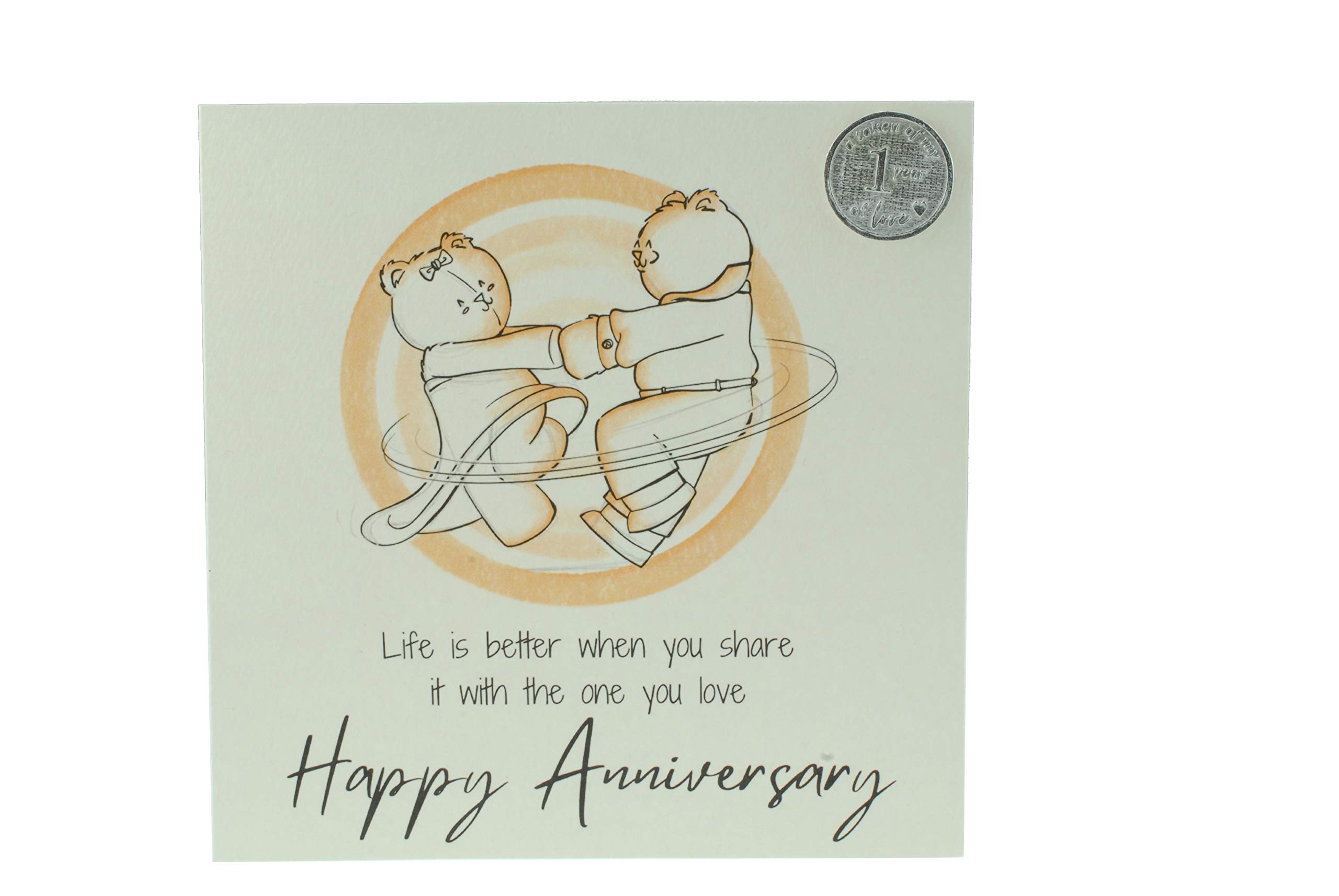 Cute 1st Wedding Anniversary Card, Dancing Bears – Free Metal 1st Anniversary Love Token Gift (gc-annidancing01)