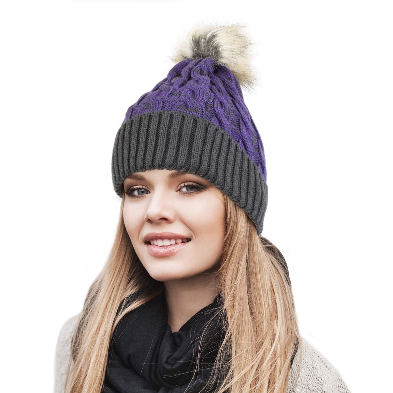 Winter Cable Knit Faux Fur Pom Pom Skull Ski Cap Two-Toned Cuff Beanie
