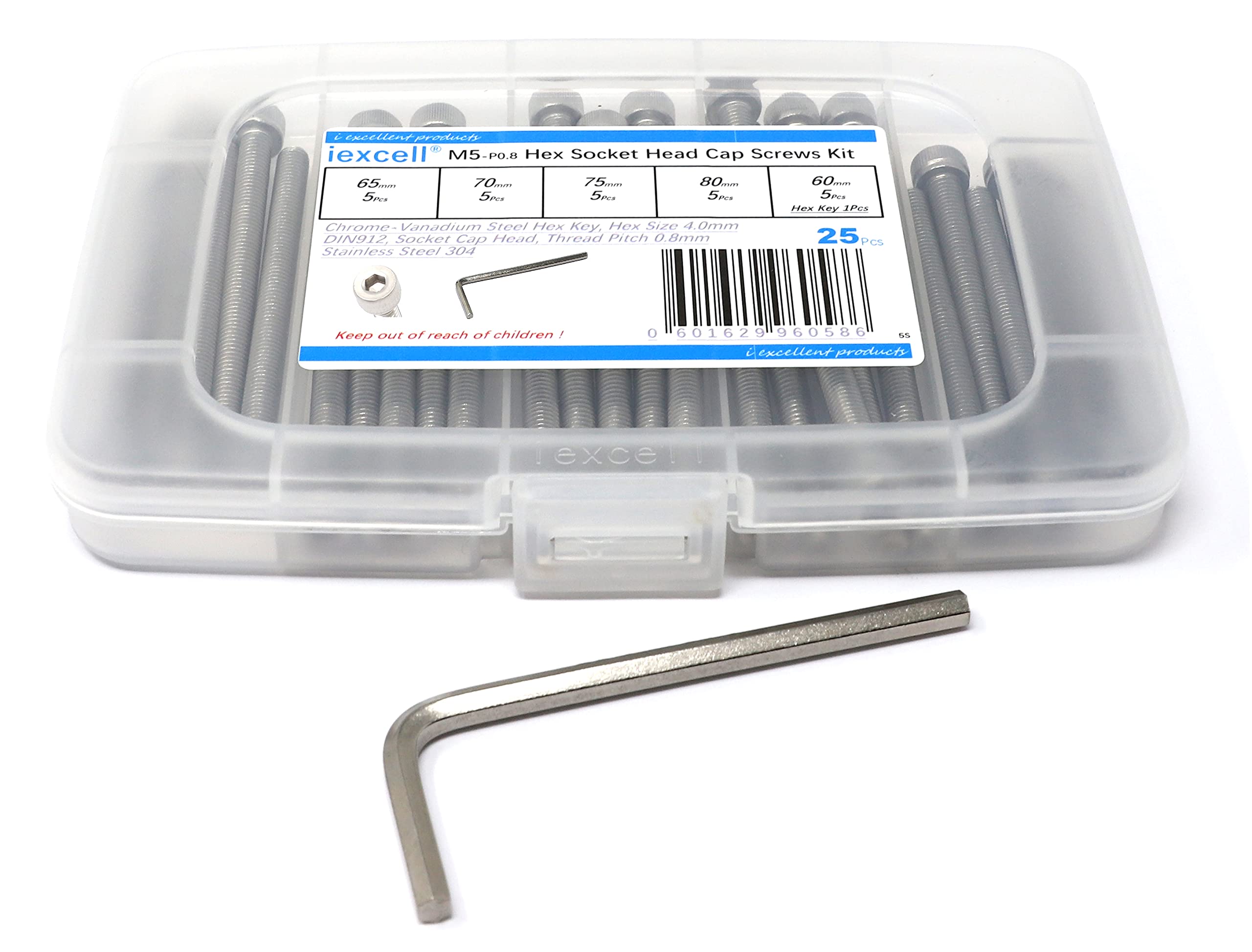 iExcell 25 Pcs Stainless Steel 304 M5 x 60/65/70/75/80 mm Hex Socket Head Cap Screws Bolts Assortment Kit