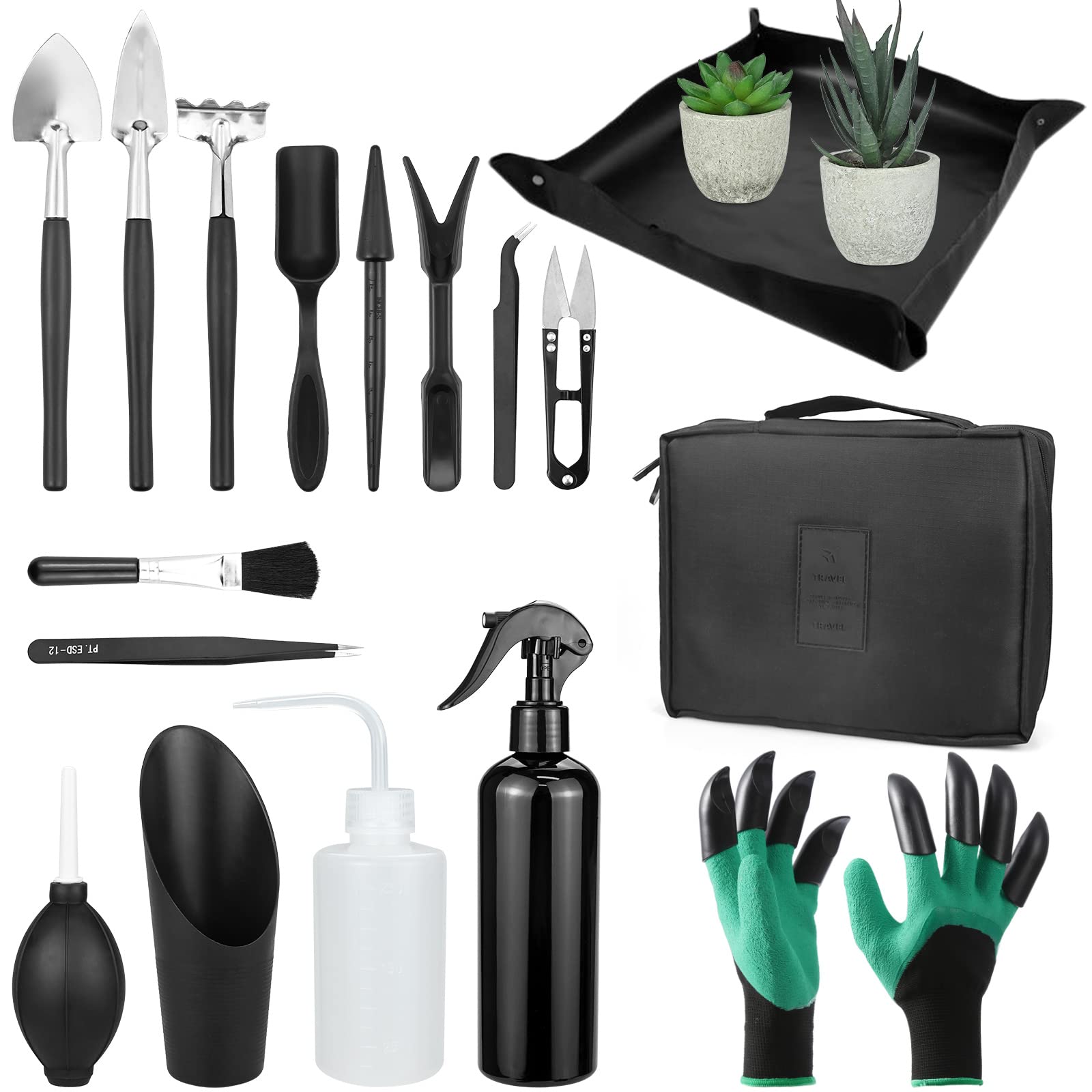 Mini Garden Tools Set, 17PCS Succulent Tools Kit with Waterproof Bag, Indoor Terrarium Kit, Planting Hand Tools for Miniature Cactus Bonsai Garden Plant Care