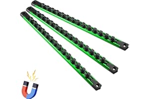 Reniteco Magnetic Socket Organizer Set, 3PC 3/8-Inch Drive Aluminum Alloy Socket Rail, Heavy Duty Magnetic Socket Holder for Tool Box Drawer, 360° Swivel Socket Rack, 3/8" x 42 Clips, Green