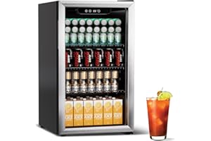 DOGHLY 3.0 Cu.ft Beverage Refrigerator Cooler, 105 Can Mini Fridge with Glass Reversible Door, Digital Temperature Display for Soda, Beer or Wine For Office Bar with Adjustable Removable Shelves