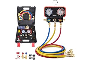 Rogvoc HVAC Manifold Gauge Set for R22/R410a/R134a Refrigerant, 3 Way AC Refrigerant Gauges Set with R22 R410a Safety Valves, 5FT Hoses, R134a Adapters, Can Tap, Upgrade Red