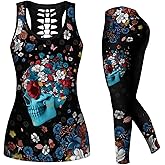 DRZHEAM Women’s Sugar Skull Yoga Outfits for Women 2 Piece Sets, Spring Tank Tops Leggings Workout Activewear for Girls