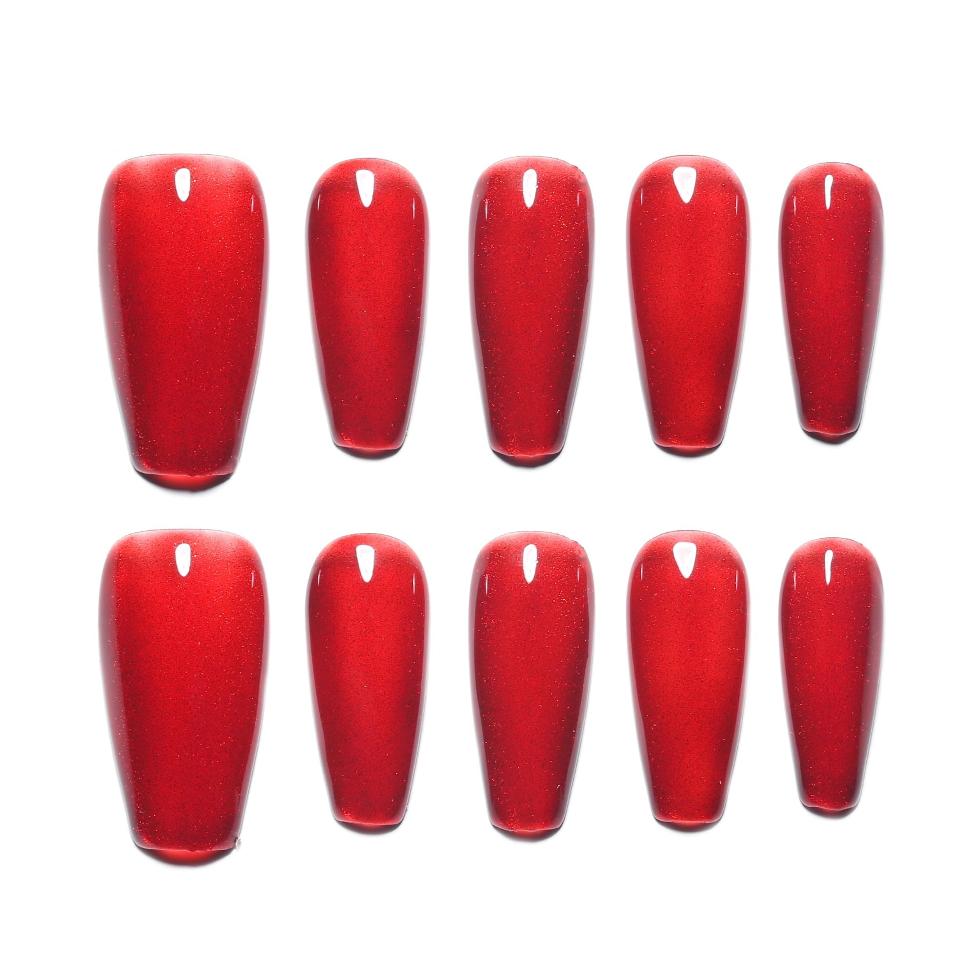 Sun&Beam Nails Handmade Press-on Medium Long Coffin Red Ruby Magnet False Nail Tips Hand-drawn Design Fashionable 10 Pcs Set (#164 S) — image 1