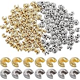 SOFPLATE 1 Box 200Pcs 6Mm Jewelry Bead Covers Gold Crimp Beads Bulk Brass Small Silver Stoppers Half Round Open Crimp Beads Knot Covers for Jewelry Making Necklaces Bracelets Earrings Supplies Crafts