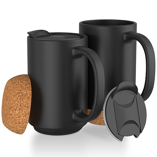 Extra Large Ceramic Coffee Mug w/Lid and Cork Coaster Bottom - 17oz  Slideproof Coffee Cups w/