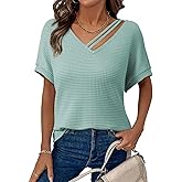 Dokotoo Womens Summer Tops 2026 Waffle Knit Short Sleeve V Neck Cut Out Shirts Loose Tunic Tops Blouses