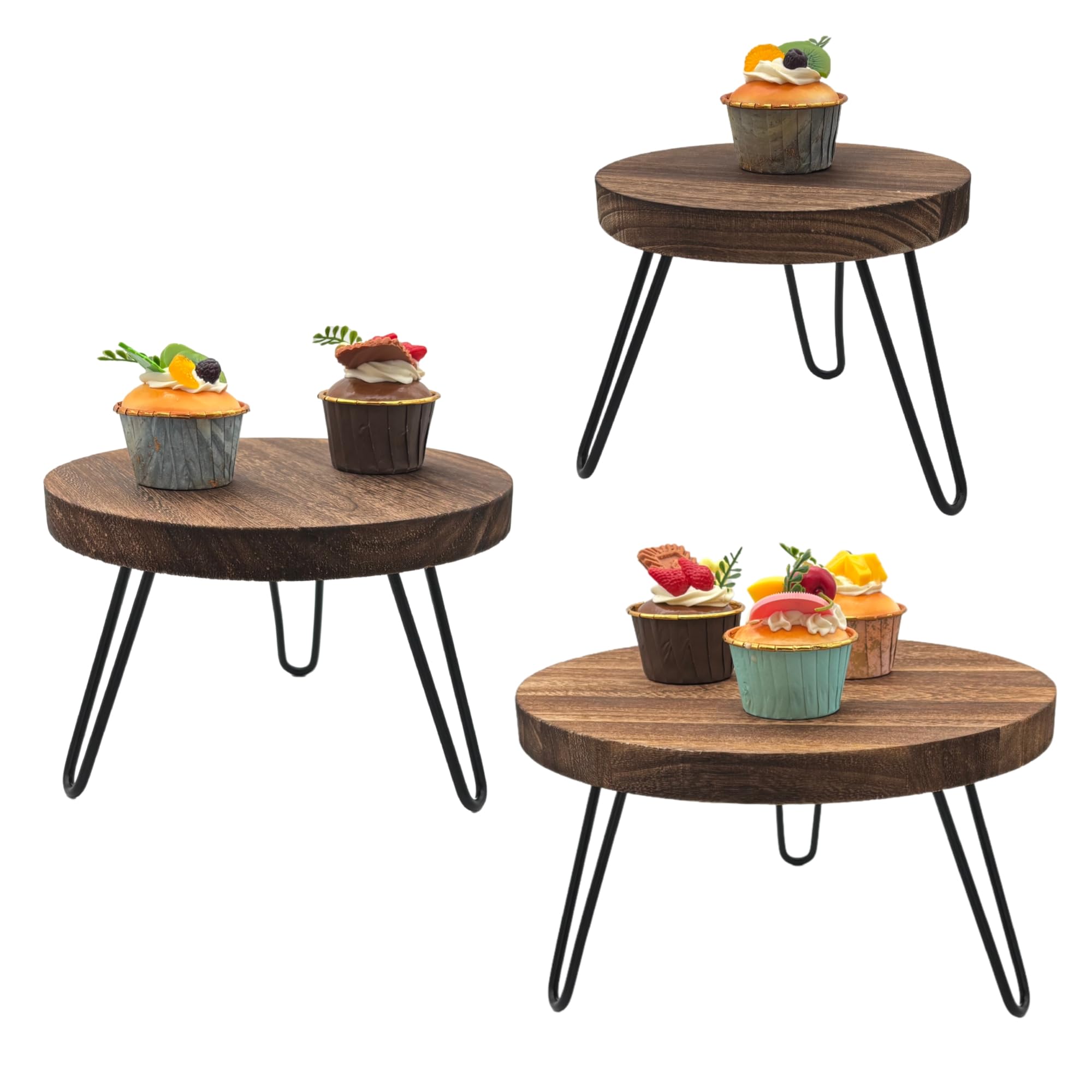 Wooden Cake Stand Set of 3 - 8 10 12 Inch Cake Pedestal with Metal Legs, Wood Dessert Table Display Stand Tiered Cupcake Holder Serving Platter for Wedding Baby Shower Birthday Party Table Decoration