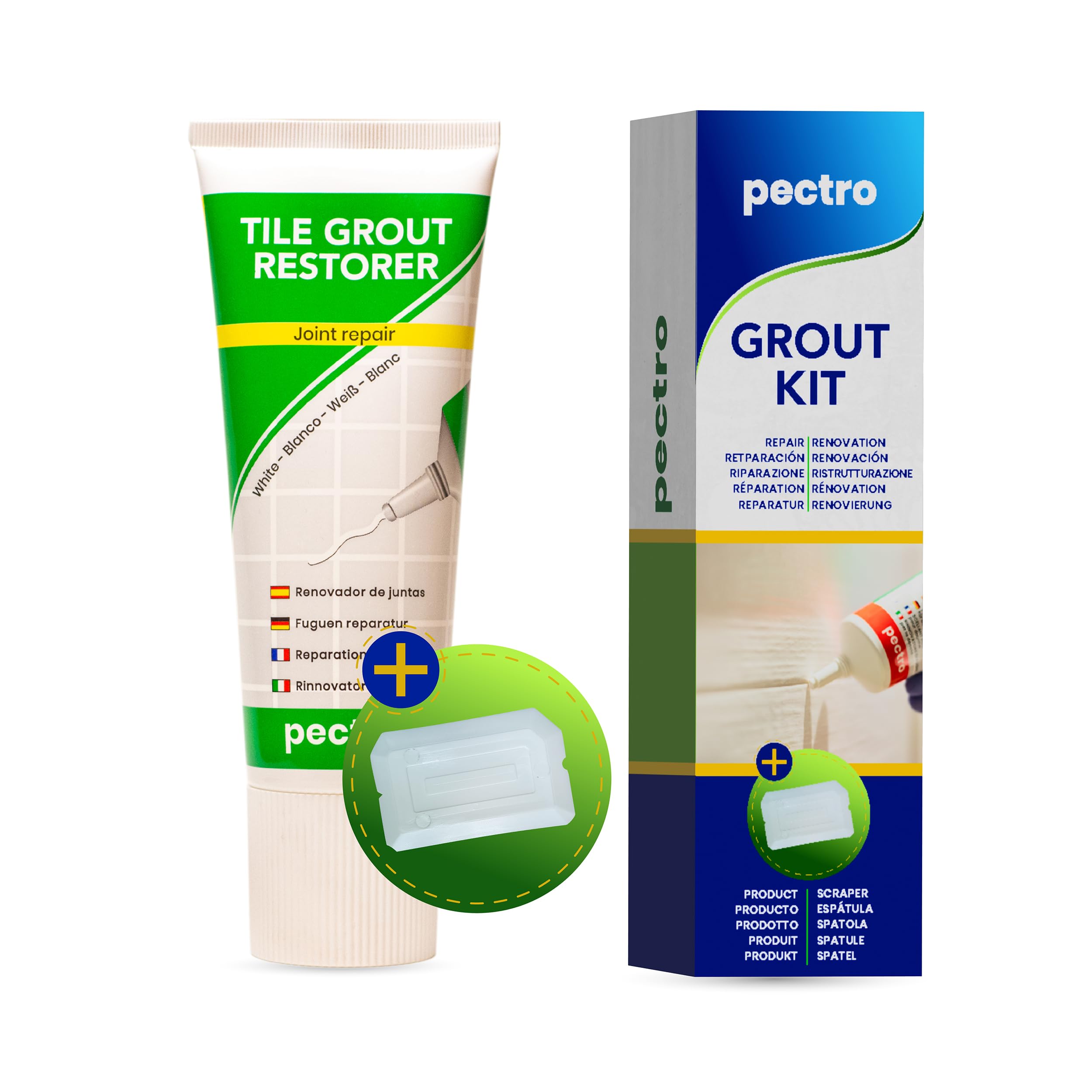PECTRO - KIT Tile Grout Restorer + Scraper | Fill and bleach The joints | Joint Repair and Reviver (14,12oz - 400g) | White joints like new in bathrooms & kitchens and any room (KIT x 1)