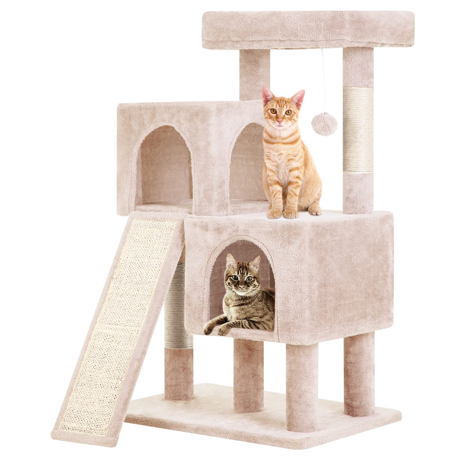 BestPet 36 inches Cat Tree for Indoor Cats Cat Tower with Scratching Posts Multi-Level Cat Furniture Condo with Ramp, Perch Spacious Cat Cave & Funny Toys for Kittens House,Beige Image