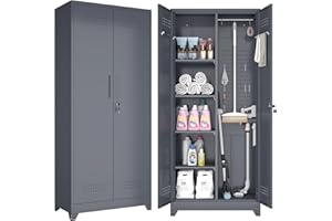 GREATMEET Broom Closet, Broom Closet Storage Cabinet, Metal Storage Cabinet, Broom Closet Cabinet with Adjustable Shelves, Cleaning Supplies Storage Cabinet with Pegboard for Bathroom, Garage