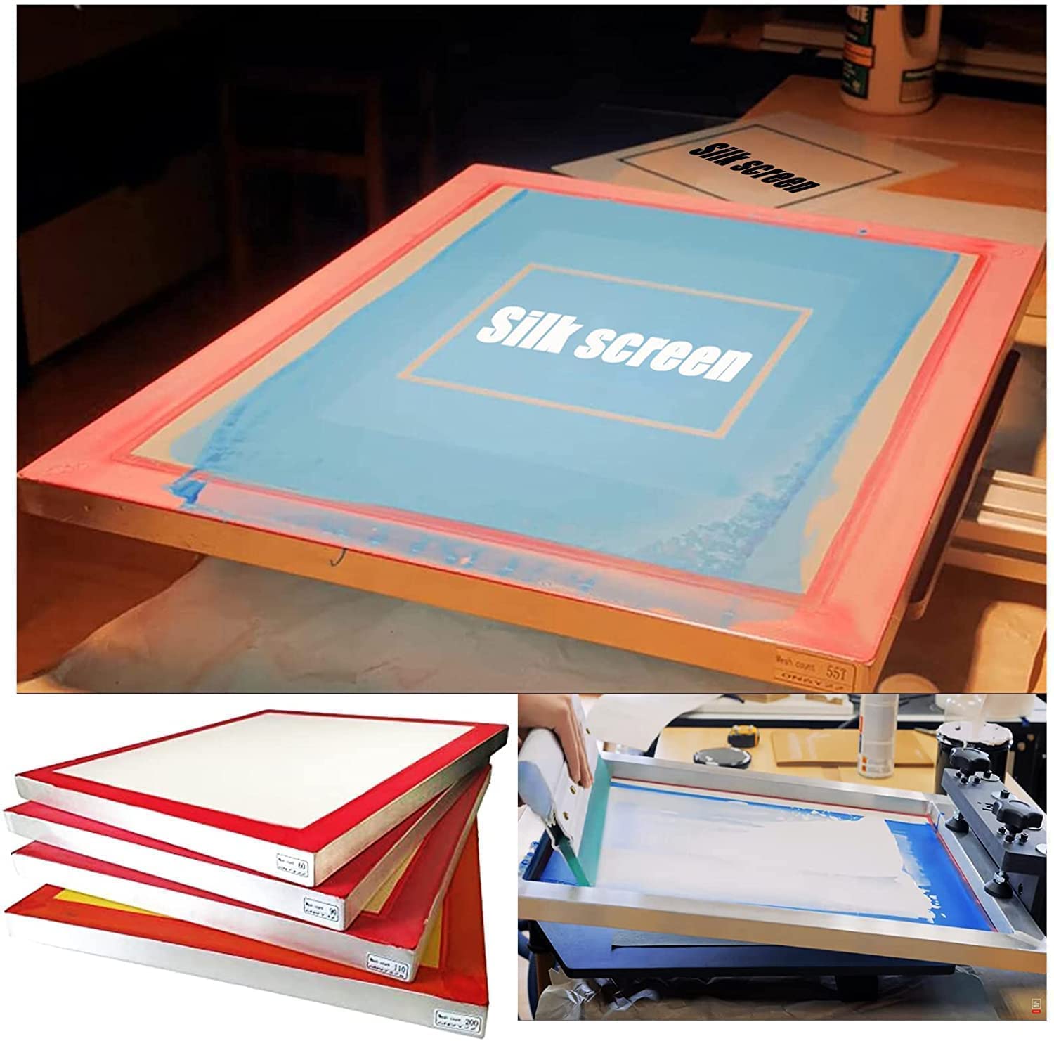 Aluminum Screen Printing Screens, 20 x 24 Inch Pre-Stretched Silk Screen Frames, Dry Sift Screen Set, Polyester mesh Screen, 60 90 110 200 Mesh, Micron Equiv 250 165 149 75 (4pack), 3 White 1 Yellow