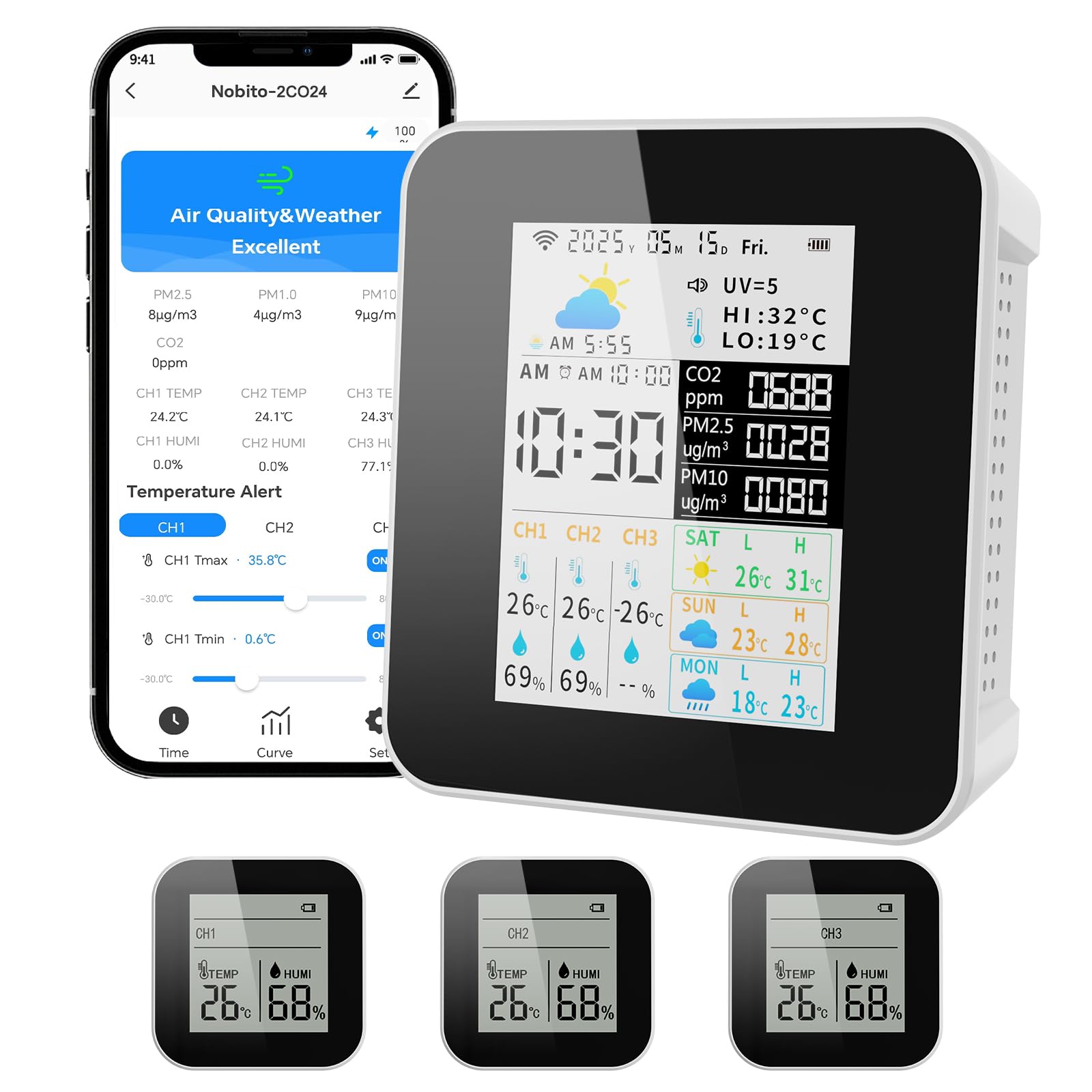 Photo 1 of 17-in-1 Air Quality Monitor with 4 Sensors Detector for CO?, PM2.5/PM10, Temperature,Humidity | Smart APP Alerts, Weather Forecast, Real-Time Data Display | Baby Room & Whole House Protection? (Black)