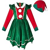 Yruiz Children Girl Christmas Elf Dress Santa Outfit Set Fancy Party Long Sleeves and Hat