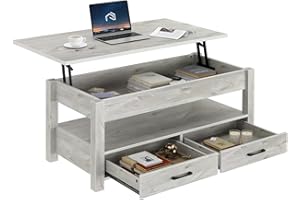 Rolanstar Coffee Table, Lift Top Coffee Table with Drawers and Hidden Compartment, Retro Central Table with Wooden Lift Table