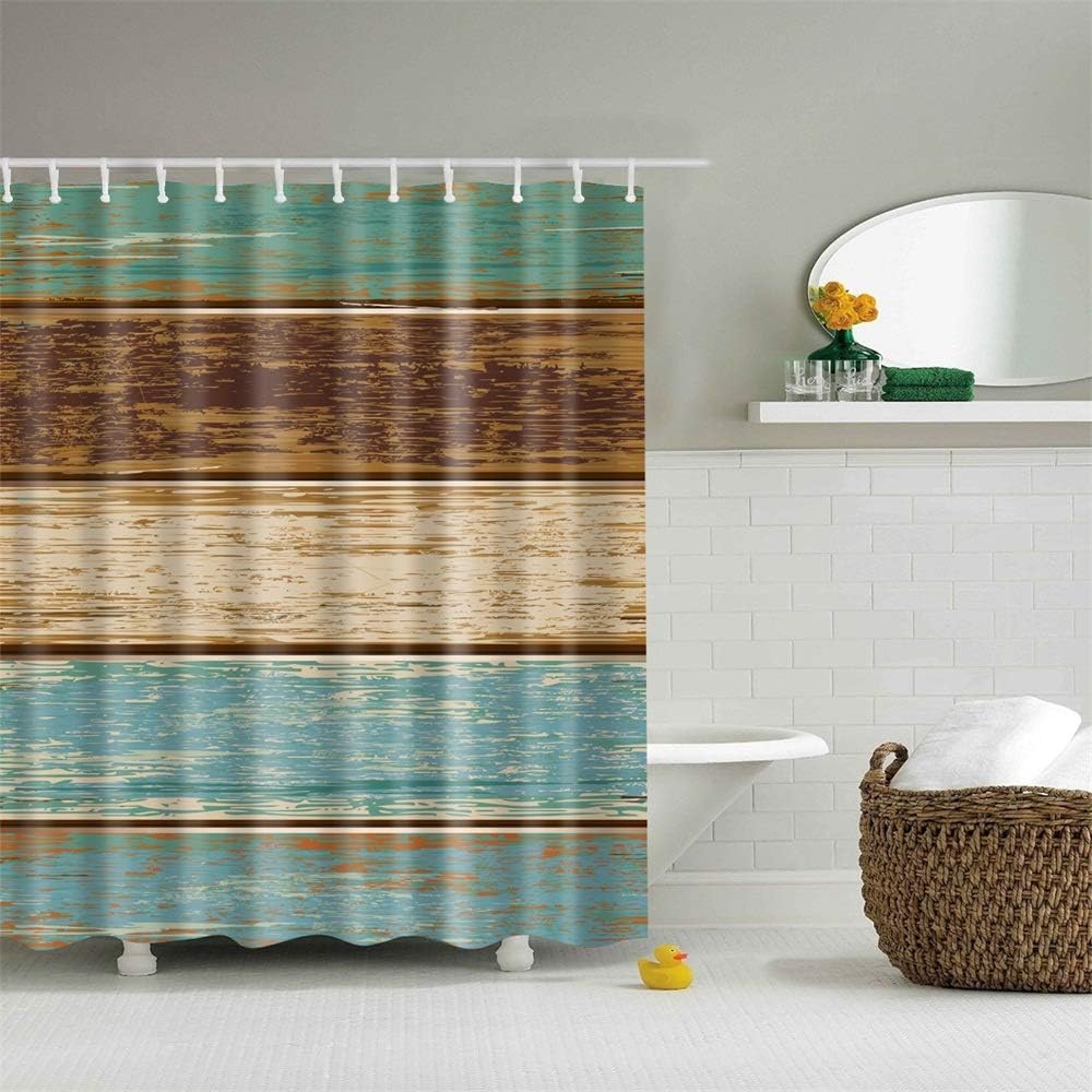 Amazon Com Yinhua Shower Curtain Set With Hook Wooden Fence Brown Teal Blue Bathroom Decor Waterproof Polyester Fabric Bathroom Accessories Bath Curtain 60 X 72 Inches Home Kitchen