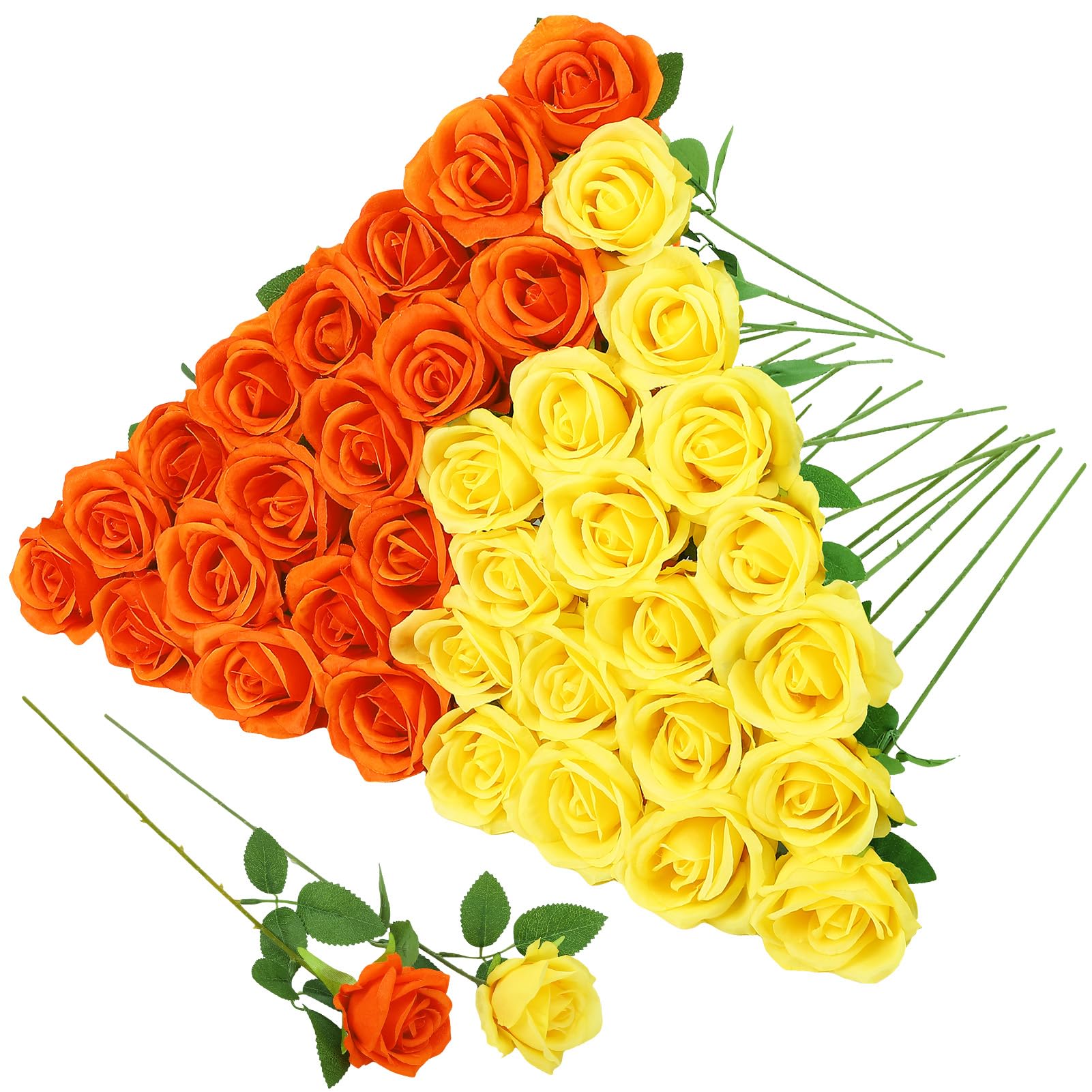 Hoemwarm 36 Pcs Yellow, Orange Artificial Roses with Long Stems, Purple Fake Silk Rose Artificial Flowers Bulk for Bridal Wedding Bouquet Centerpiece Ball Arrangement Party Decor