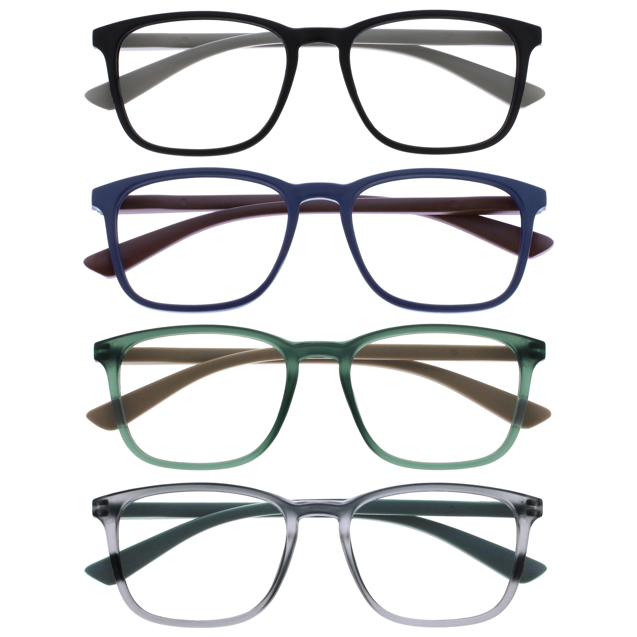 OPULIZE Max Reading Classes 4 Pack - Classic Large Rectangular Frame - Matt Black Blue Green Grey - Men's Women's Unisex - Spring Hinges - RRRR78-1367 - +2.00