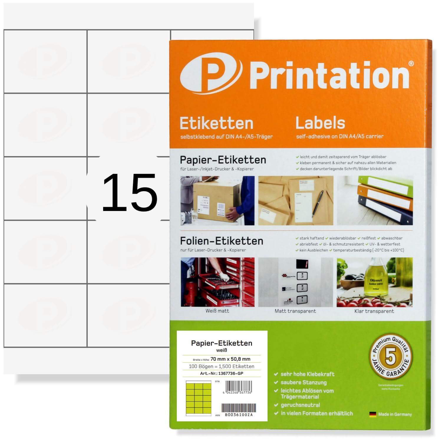 Printation White Sticky Labels, 70 x 50.8 mm, 350 Stickers, 15 Address Labels per A4 Page, Multipurpose White Labels for Books, Jam Jars, Floppy Disks, Printable for Laser & Inkjet Printers 70x50 3x5