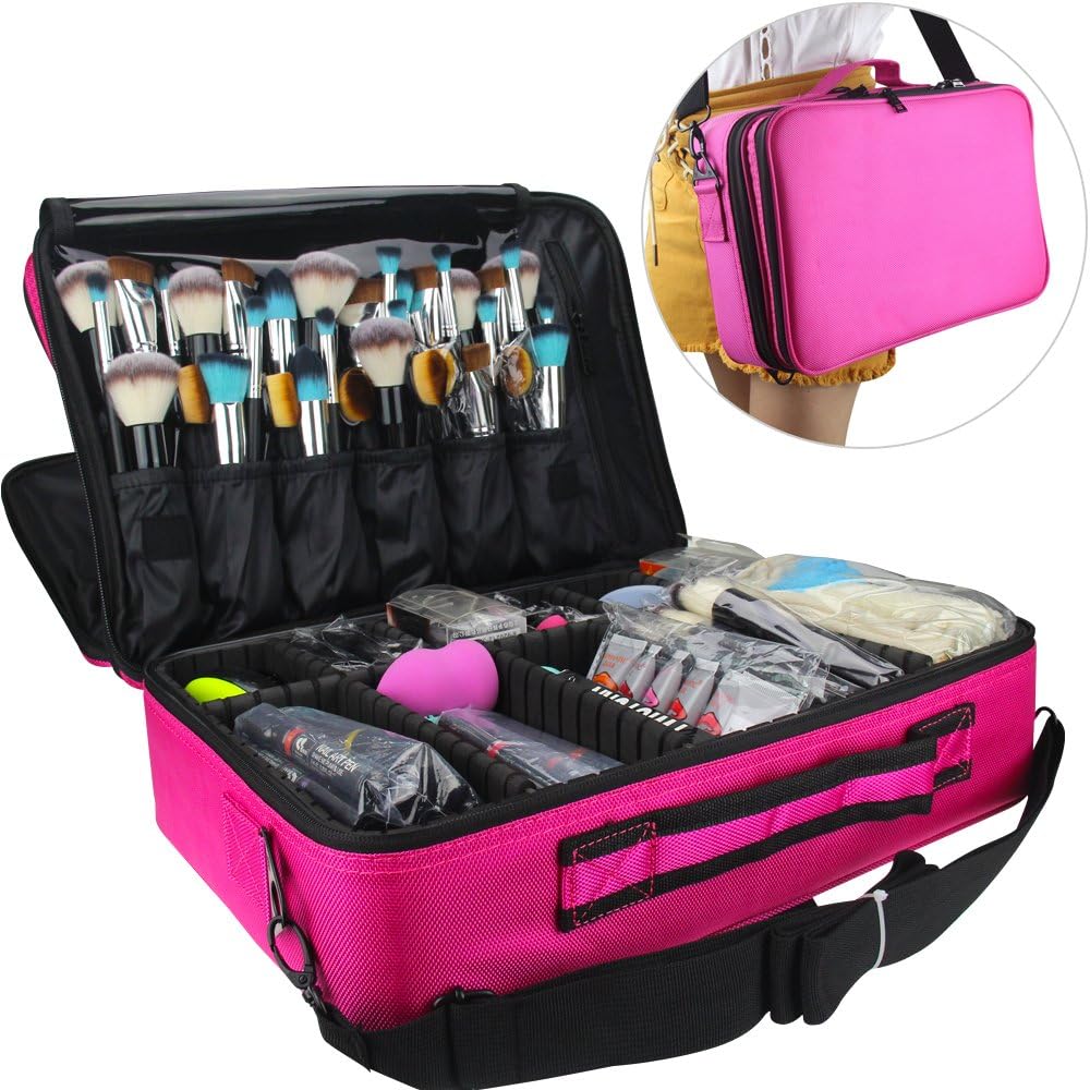 MONSTINA Large Capacity Makeup Case 3 Layers Cosmetic Organizer Brush Bag Makeup Train Case Makeup Artist Box for Hair Curler Hair Straightener Brush Set and Cosmetics : Beauty