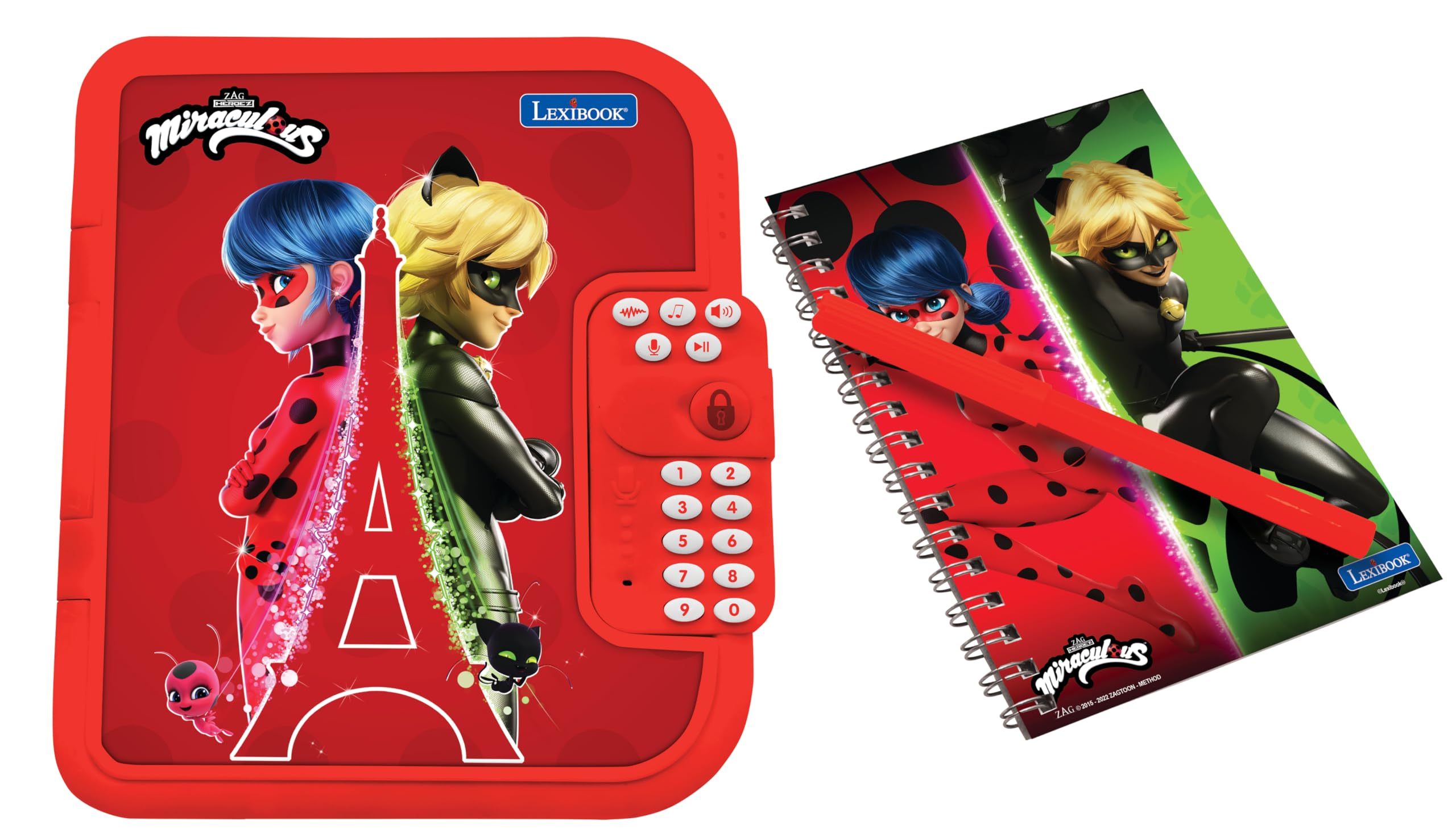 LEXIBOOK, Miraculous Ladybug Black Cat: Electronic diary with pen and notebook included, interactive, password protected, fun functions, sound effects, Red, SD50MI — image 1