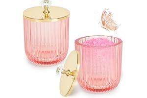 JENSEITS 2PCS Qtip Holder Dispenser Set, Cute Glass Apothecary Jars with Lid, Pink Cotton Ball Pad Round Container Holders and Vanity Canister Storage Jar for Makeup Sponges, Floss, Hair Accessories