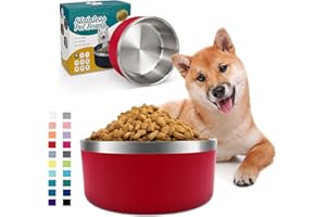 IKITCHEN Dog Bowl for Food and Water, 64 Oz Stainless Steel Pet Feeding Bowl, Durable Non-Skid Double Wall Insulated Heavy Duty with Rubber Bottom for Medium Large Dogs (64 Ounces/8 Cup, Red)