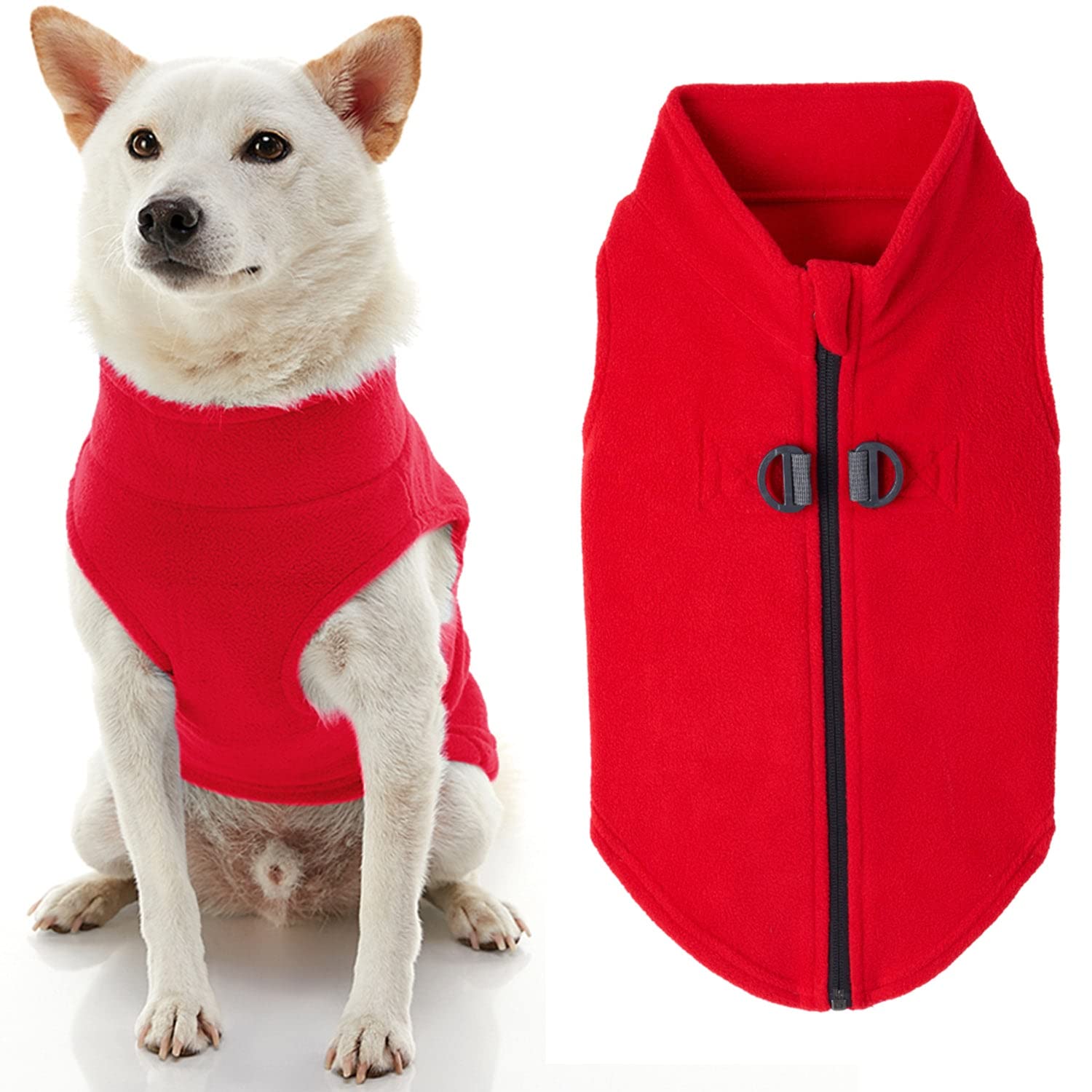 Gooby Zip Up Fleece Dog Sweater - Red, X-Large - Warm Pullover Fleece Step-in Dog Jacket with Dual D Ring Leash - Winter Small Dog Sweater - Dog Clothes for Small Dogs Boy and Medium Dogs