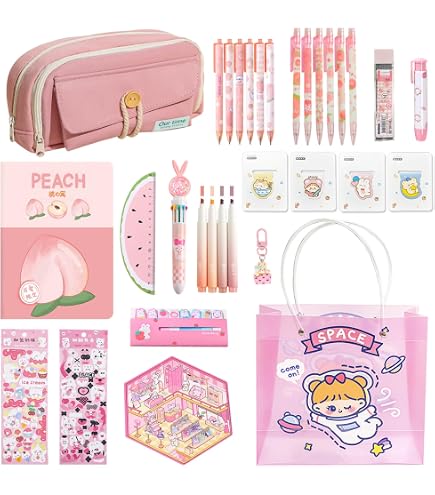Dekiphox Peach Kawaii Schulbedarf-Set – Mit Stiften, Textmarkern, Notizbuch & Aufbewahrungsbox | Niedliches Geschenk Für Schüler