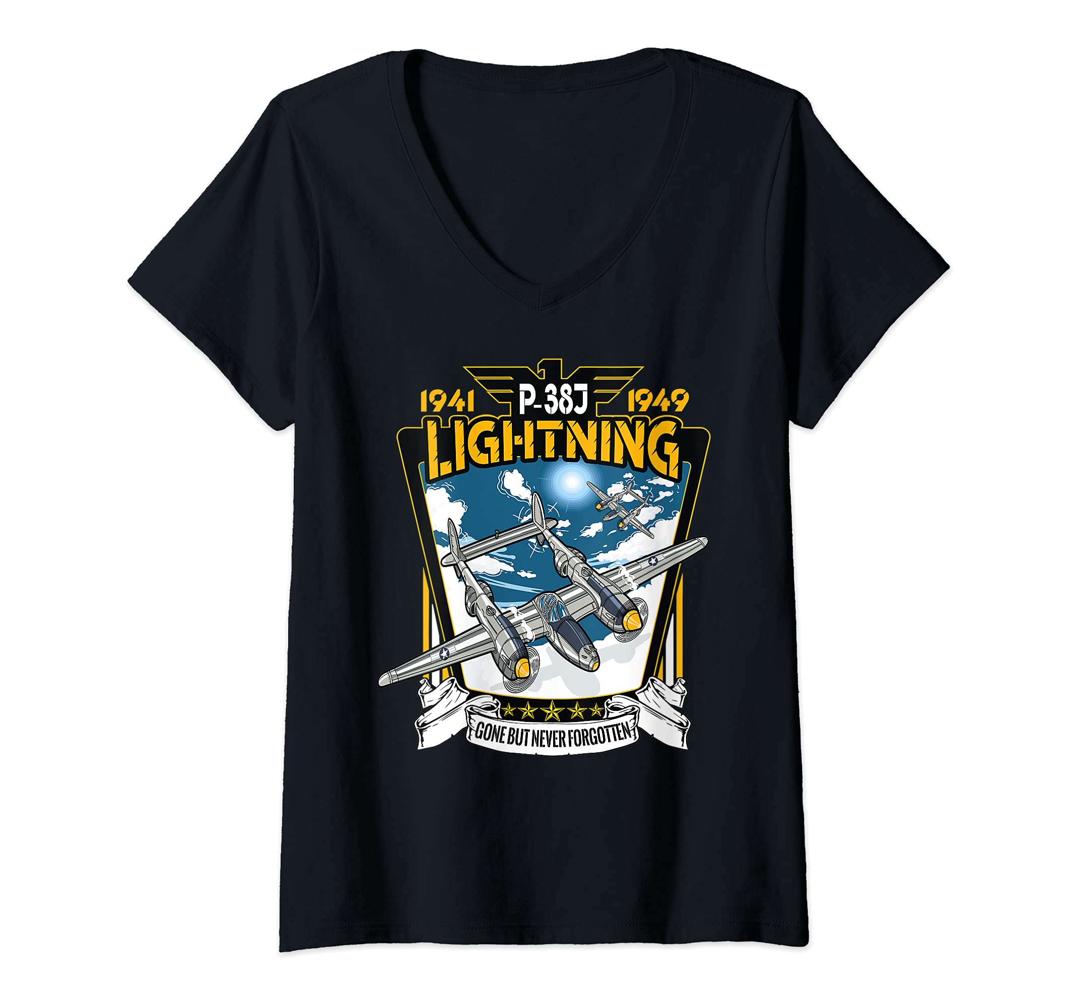 Womens World War 2 American P-38 Lightning Fighter Airplane V-Neck T-Shirt
