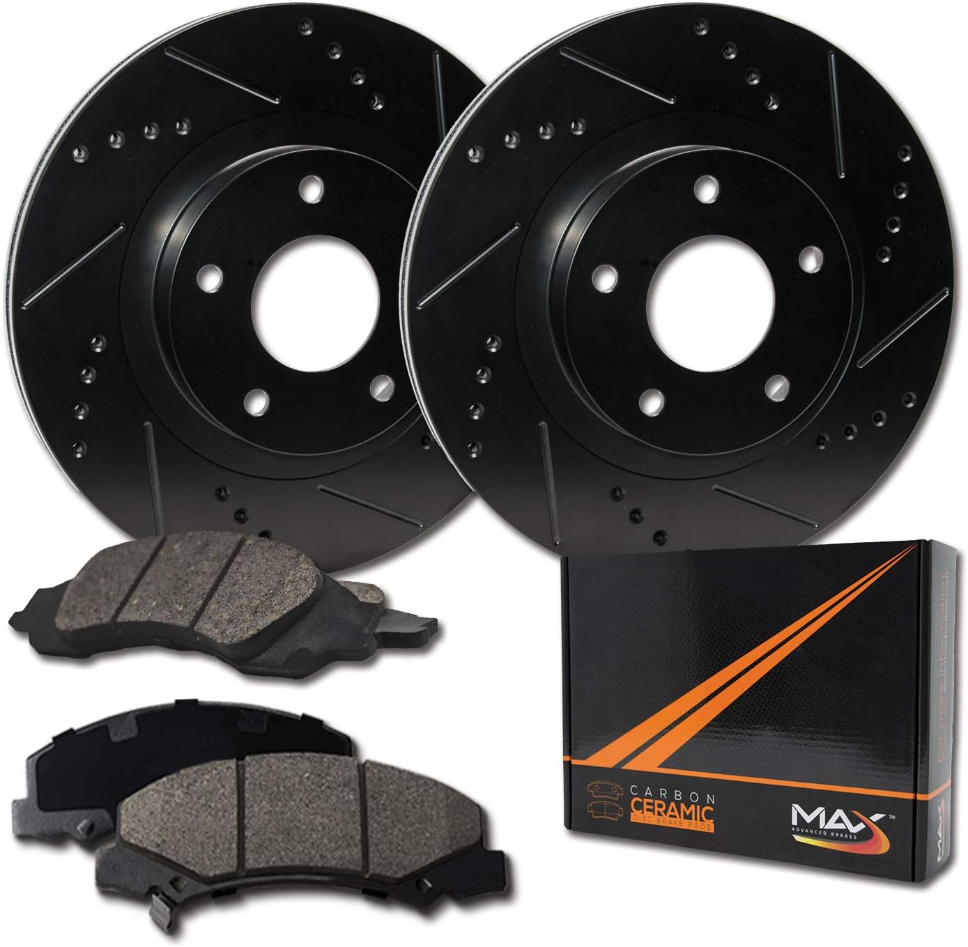 Max Advanced BrakesFront Brake Kit Compatible With 2013 2014 2015 2016 2017 2018 2019 2020-2023 Nissan Altima Sedan Replacement Drilled Slotted Black Coated Disc Brake Rotors and Ceramic Brake Pads