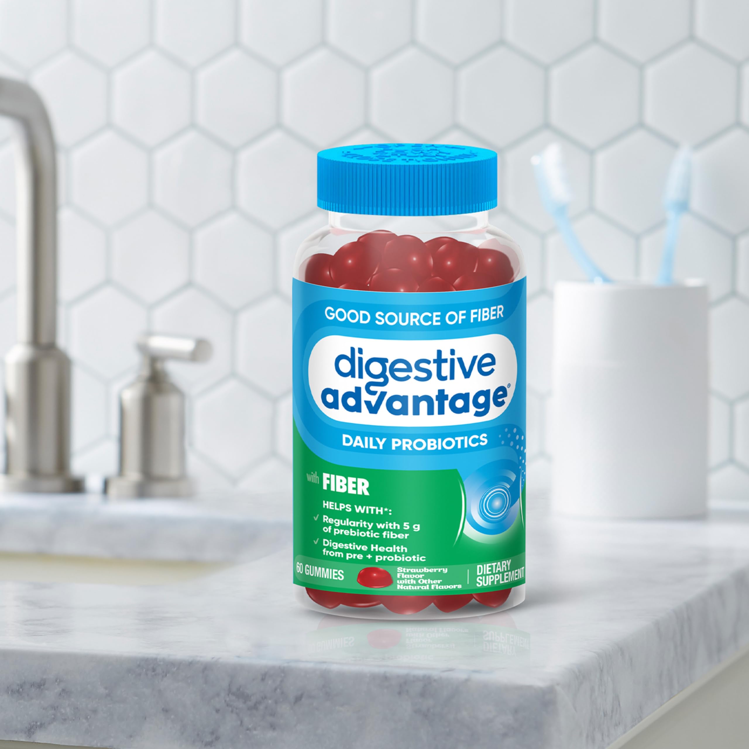 Digestive Advantage Prebiotic Fiber Gummies + Probiotics for Gut Health, 5g Prebiotic Fiber Plus 1 Billion CFU Probiotic, Supports Digestive Health & Regularity, (60ct Bottle) Strawberry Flavor*