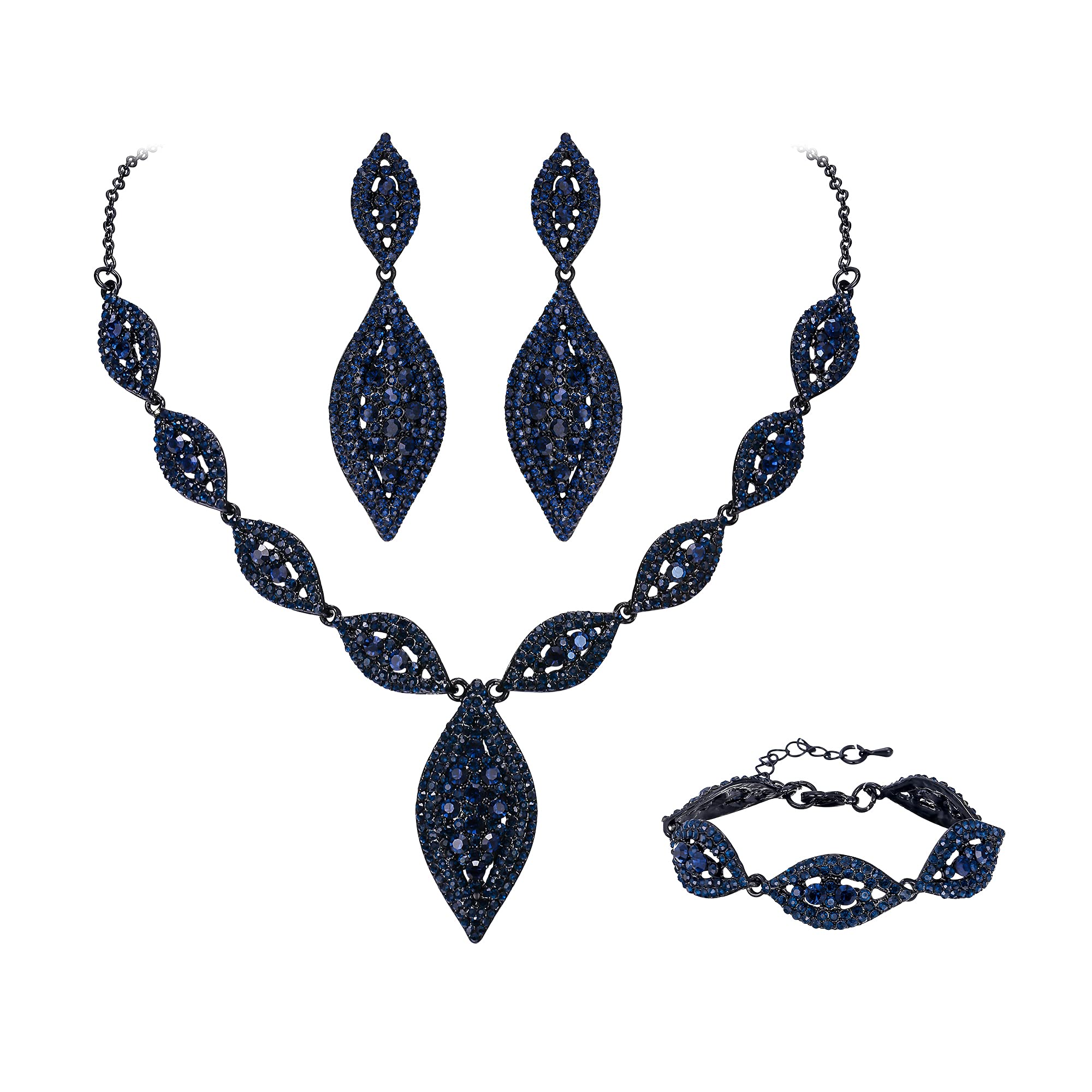 Ever Faith Wedding Jewelry Set Rhinestone Crystal Bridal Leaf Necklace Drop Dangle Chandelier Earrings Set Navy Blue