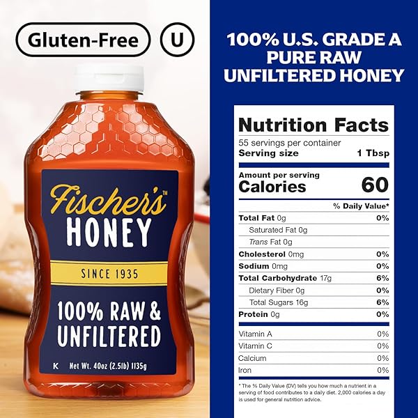 FISCHER’S 100% PURE, RAW & UNFILTERED HONEY, 40 OZ – ALL-NATURAL SWEETENER – RICH FLAVOR PROFILE, PACKED WITH NUTRIENTS