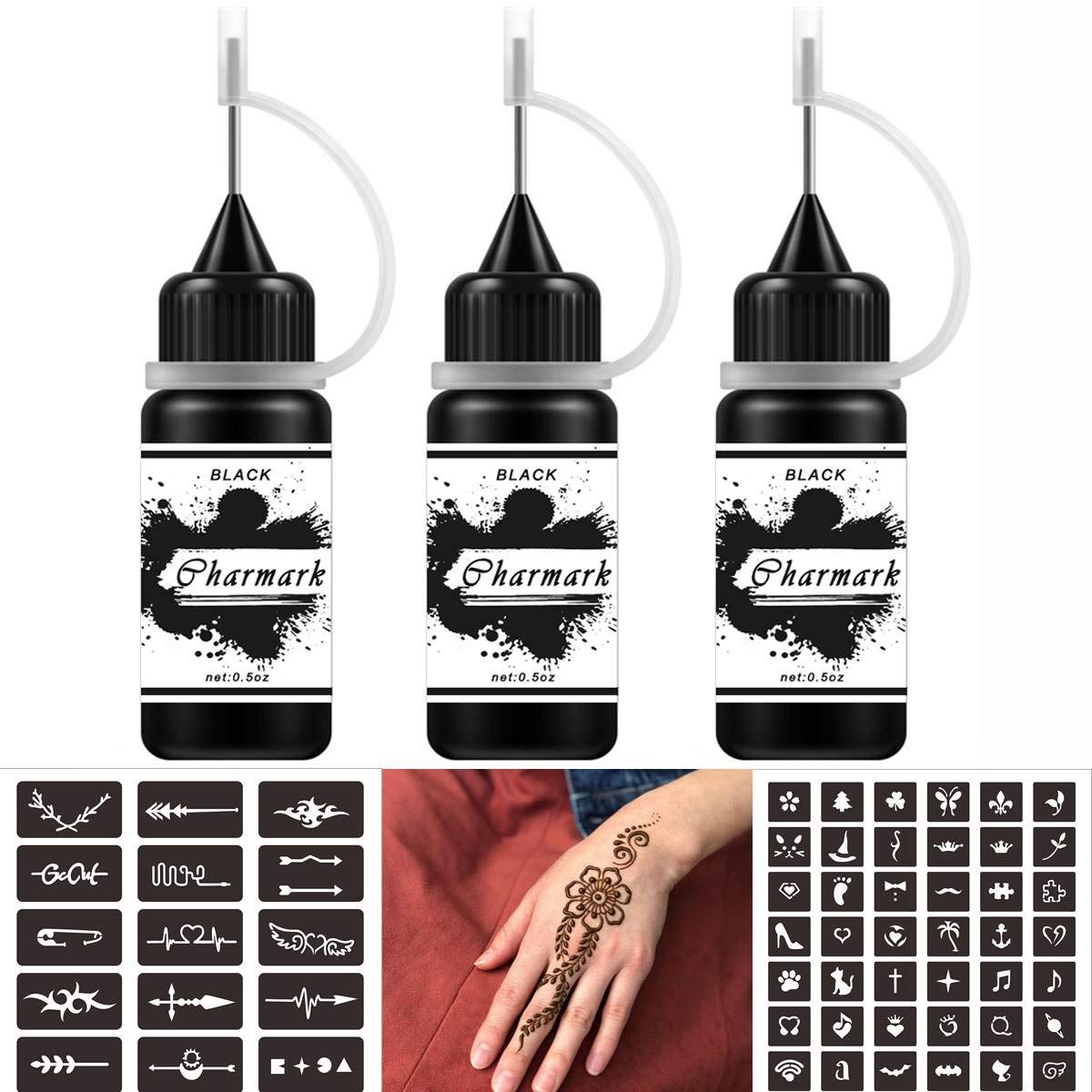 Jagua Gel Temporary Tattoo Kit Temp Tattoo for Women Men Kids Fake Tattoos Semi Permanent Tattoo Ink Summer Trend Art Painting DIY Fake Freckles 84 Pcs Tattoo Stencils - Full Kit 3 Bottles,Black
