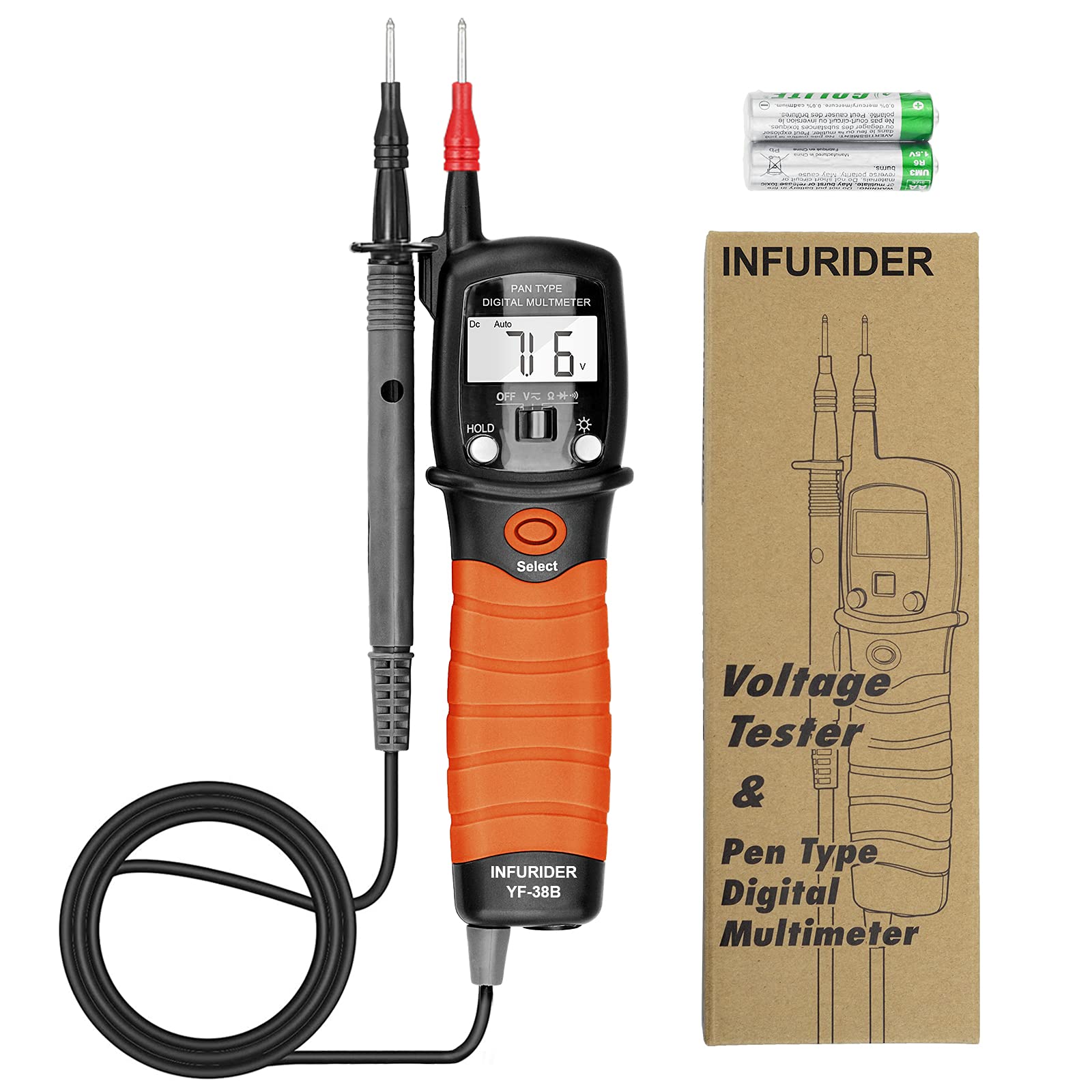 INFURIDER Digital Pen Type Multimeter, YF-38B Handheld Auto-ranging Volt Tester for DC AC Voltage, Resistance, Ohm Volt Test Meter with Diode Continuity Tester(Orange)